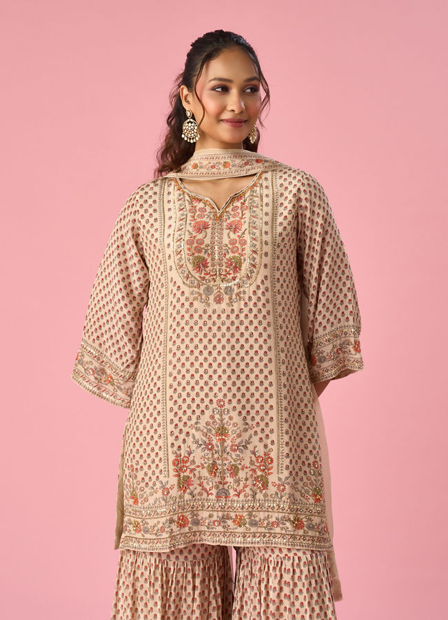 Mohey Women Cream Satin Sharara Suit with Hand Embroidery