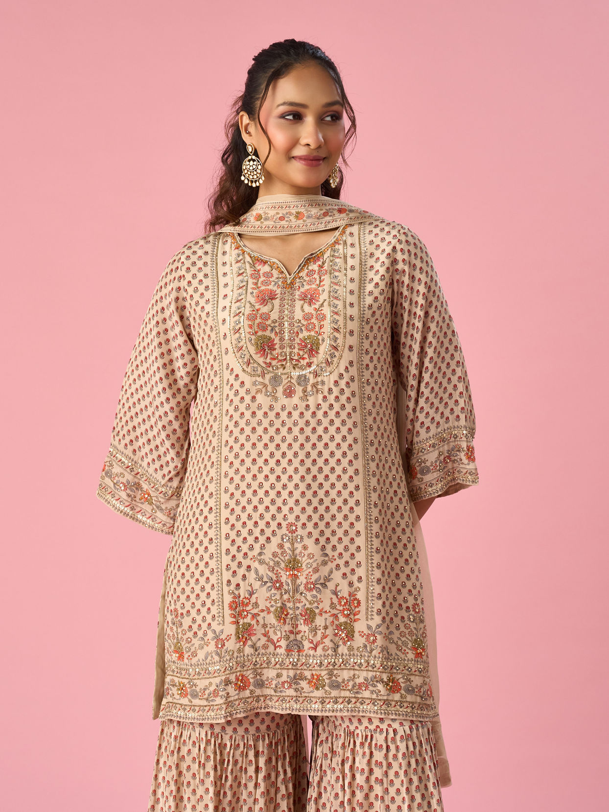 Mohey Women Cream Satin Sharara Suit with Hand Embroidery