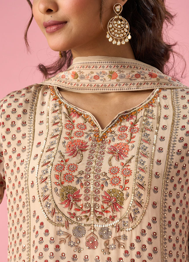 Mohey Women Cream Satin Sharara Suit with Hand Embroidery