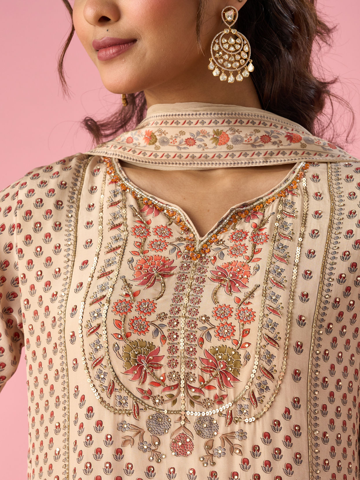 Mohey Women Cream Satin Sharara Suit with Hand Embroidery