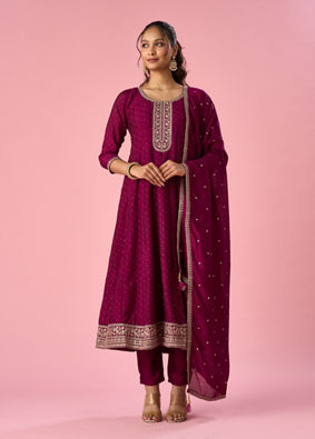 Mohey Women Wine Art Silk Anarkali Suit with Sequin Work