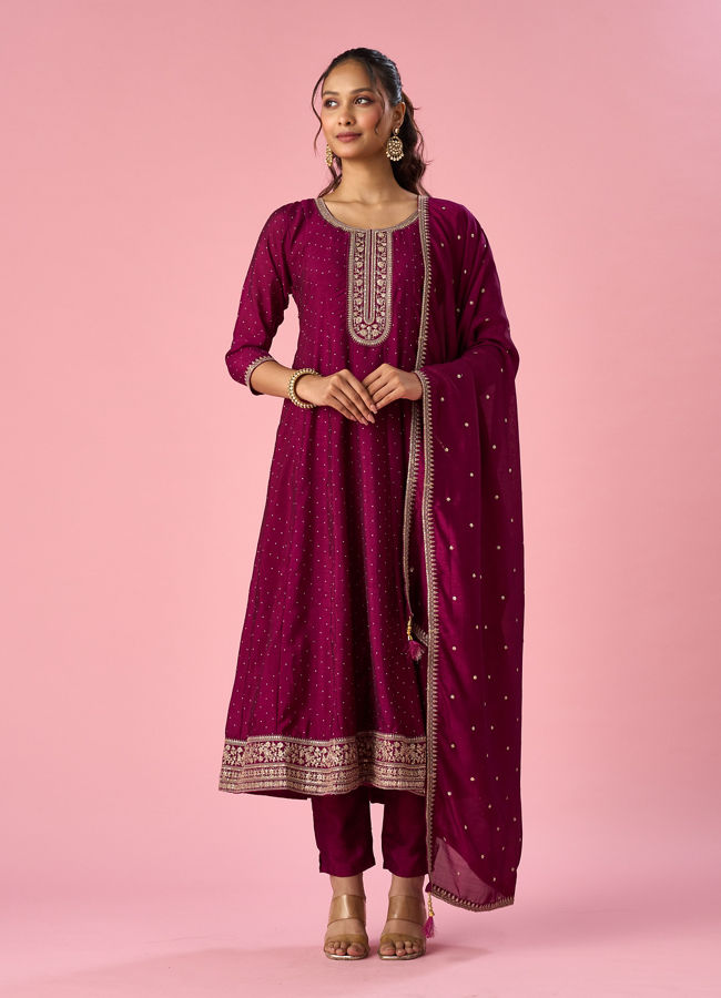 Mohey Women Wine Art Silk Anarkali Suit with Sequin Work
