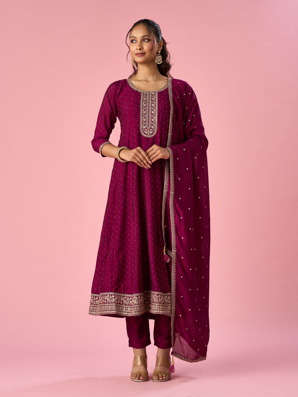 Mohey Women Wine Art Silk Anarkali Suit with Sequin Work