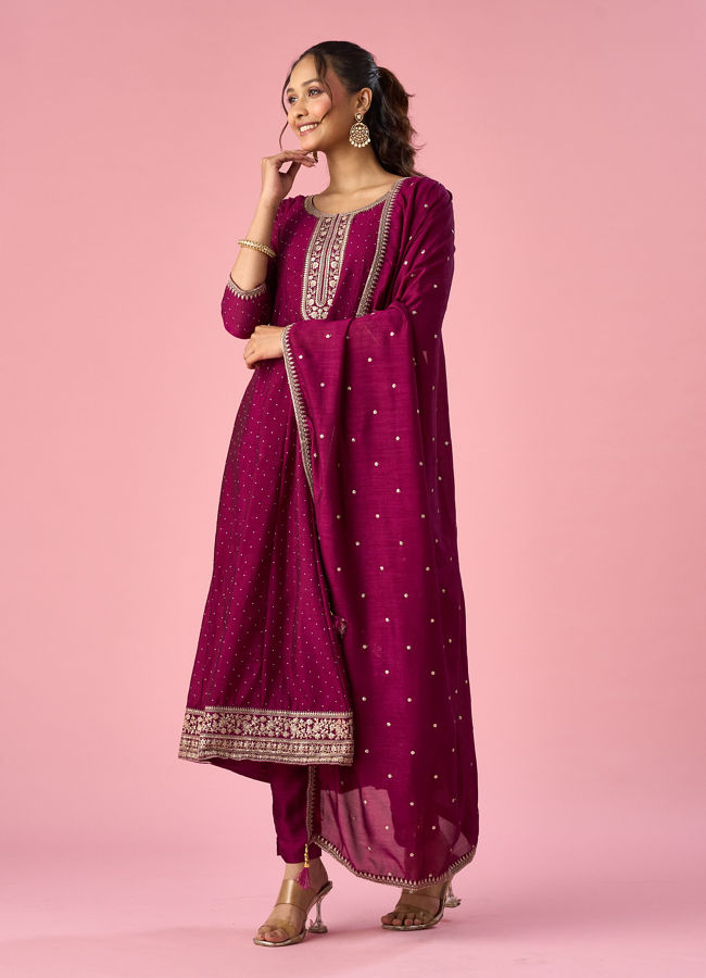 Mohey Women Wine Art Silk Anarkali Suit with Sequin Work