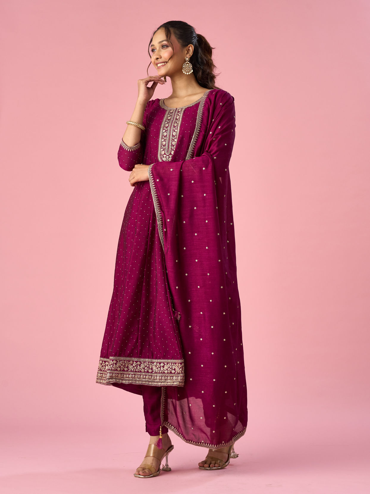 Mohey Women Wine Art Silk Anarkali Suit with Sequin Work