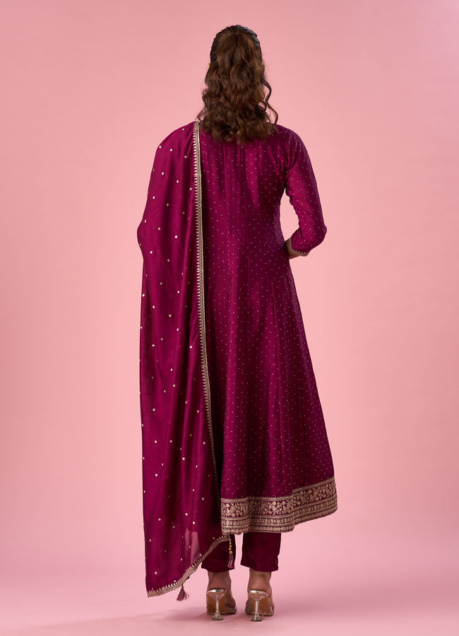 Mohey Women Wine Art Silk Anarkali Suit with Sequin Work