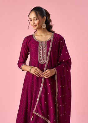 Mohey Women Wine Art Silk Anarkali Suit with Sequin Work
