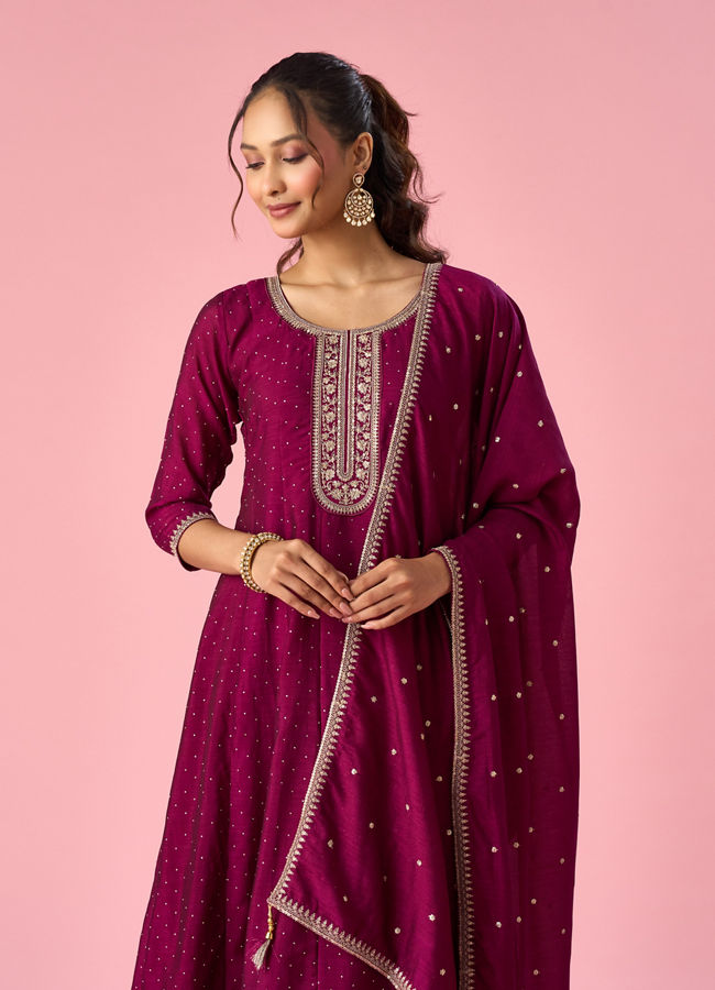 Mohey Women Wine Art Silk Anarkali Suit with Sequin Work