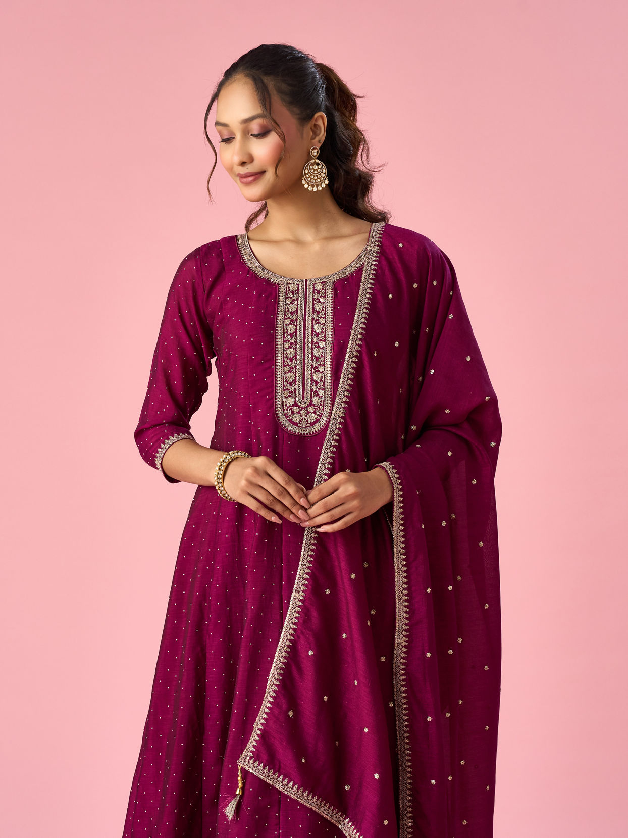 Mohey Women Wine Art Silk Anarkali Suit with Sequin Work