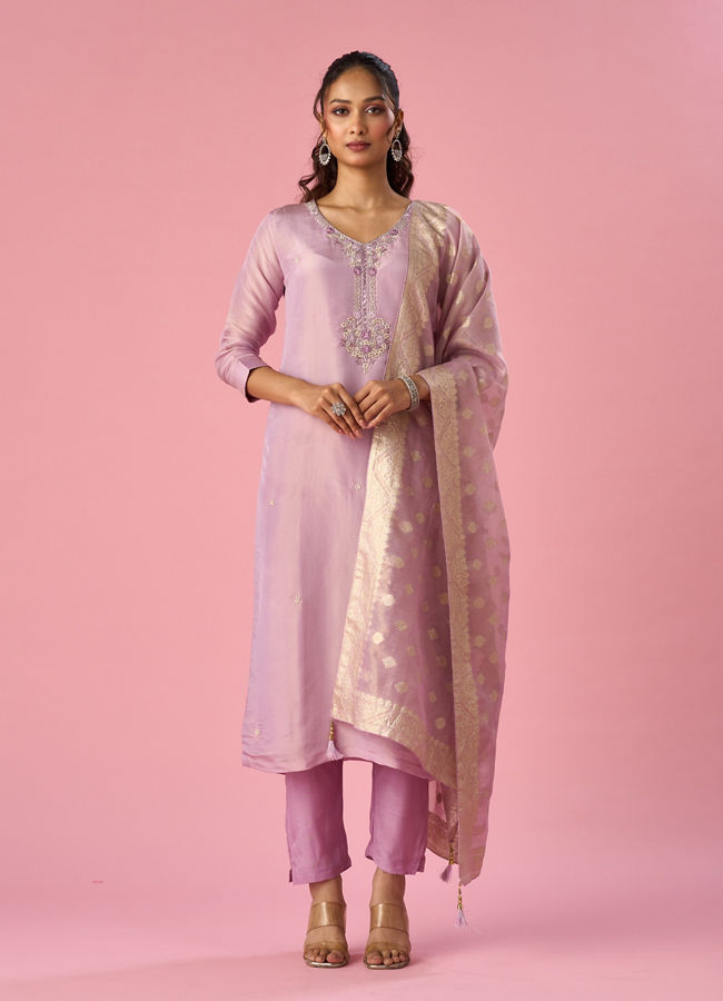 Mohey Women Purple Tissue Stitched Suit with Hand Embroidery