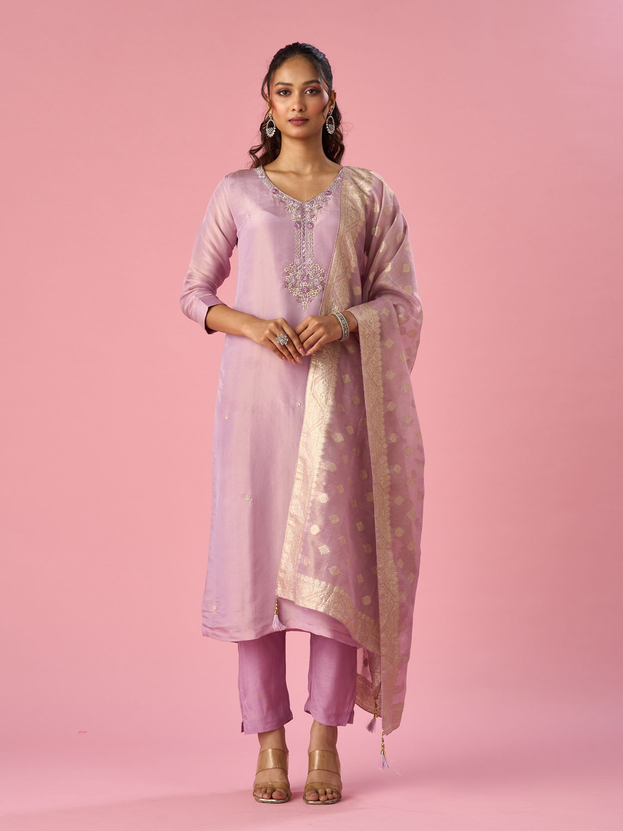 Mohey Women Purple Tissue Stitched Suit with Hand Embroidery