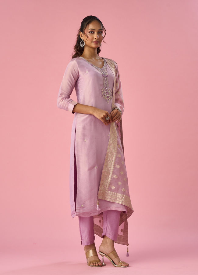 Mohey Women Purple Tissue Stitched Suit with Hand Embroidery