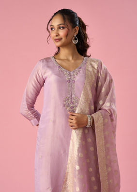 Mohey Women Purple Tissue Stitched Suit with Hand Embroidery