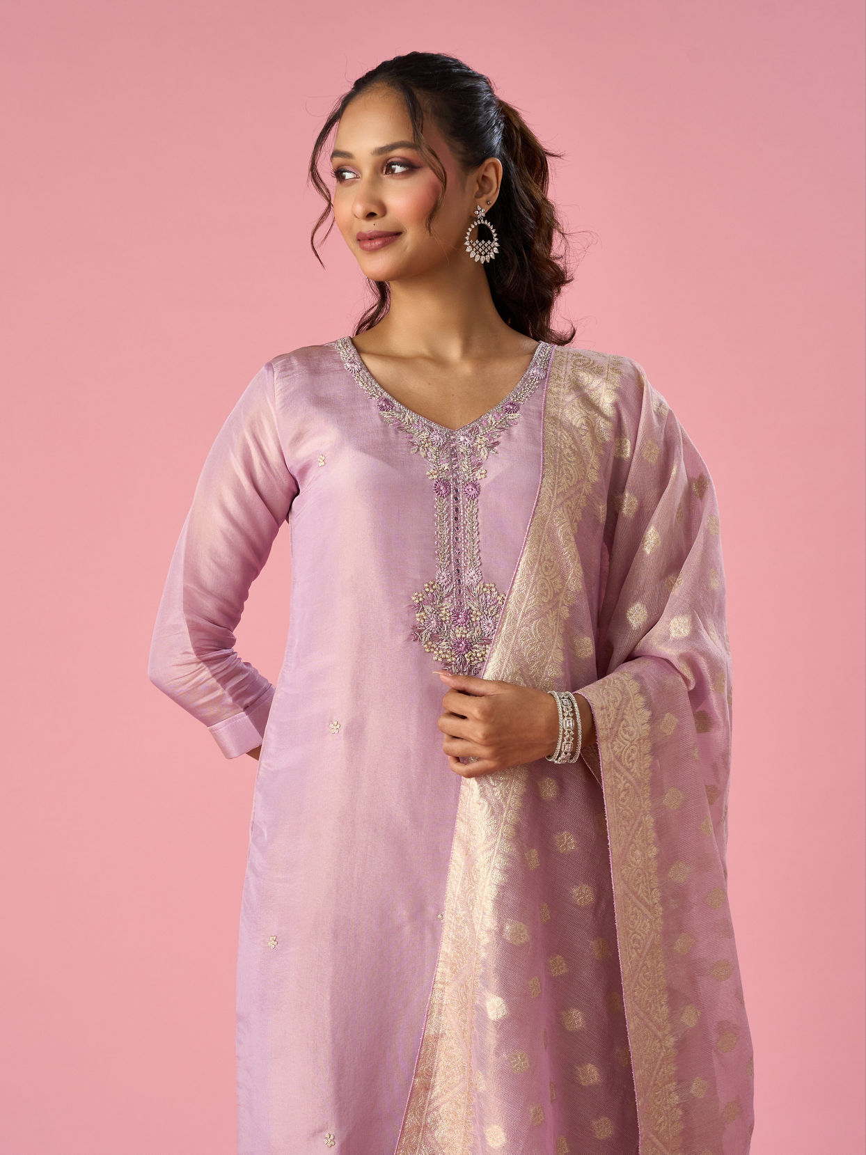Mohey Women Purple Tissue Stitched Suit with Hand Embroidery