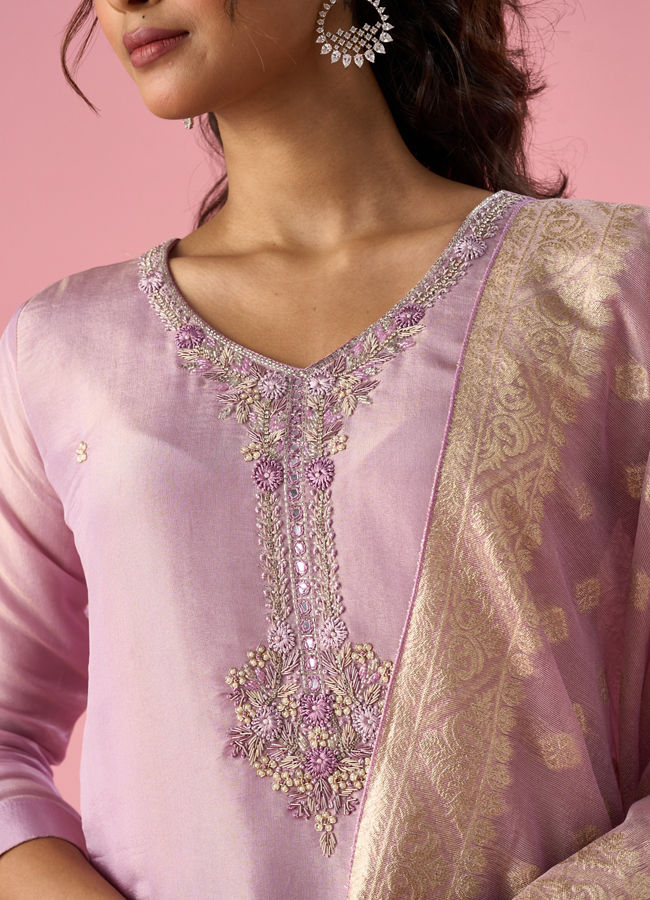 Mohey Women Purple Tissue Stitched Suit with Hand Embroidery