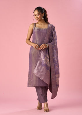 Mohey Women Purple Tissue Straight Suit with Dupatta