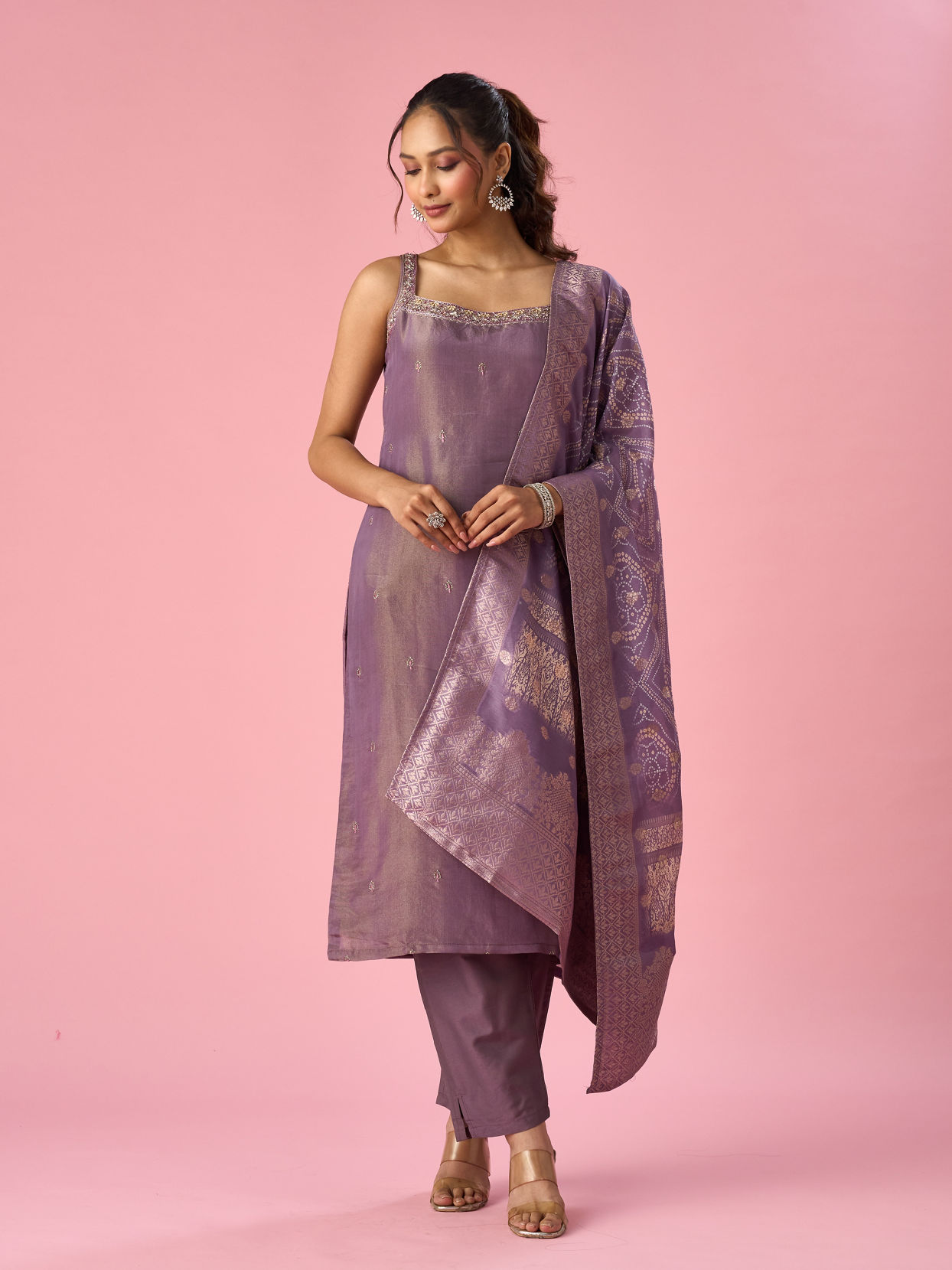 Mohey Women Purple Tissue Straight Suit with Dupatta
