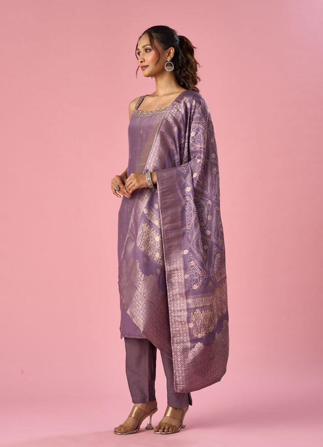 Mohey Women Purple Tissue Straight Suit with Dupatta