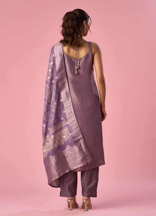 Mohey Women Purple Tissue Straight Suit with Dupatta