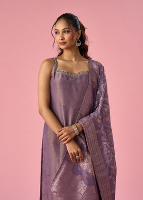 Mohey Women Purple Tissue Straight Suit with Dupatta