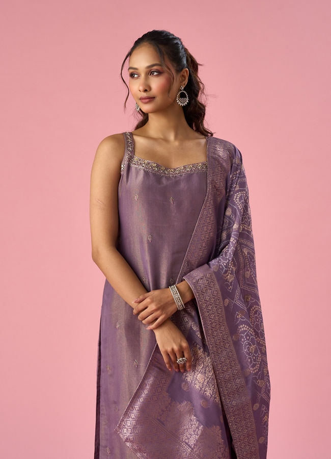 Mohey Women Purple Tissue Straight Suit with Dupatta