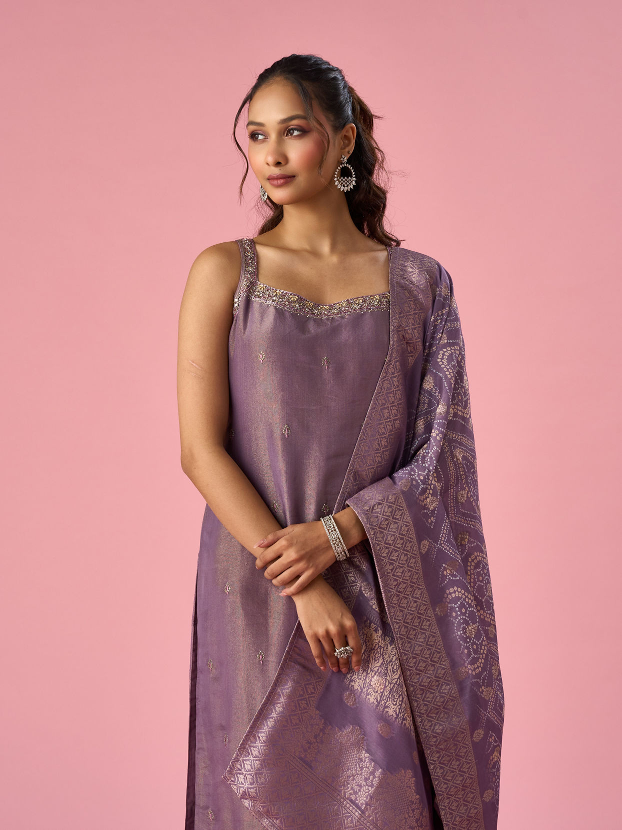 Mohey Women Purple Tissue Straight Suit with Dupatta