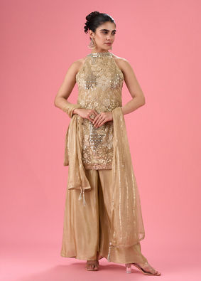 Mohey Women Fawn Elegance Net Palazzo Suit