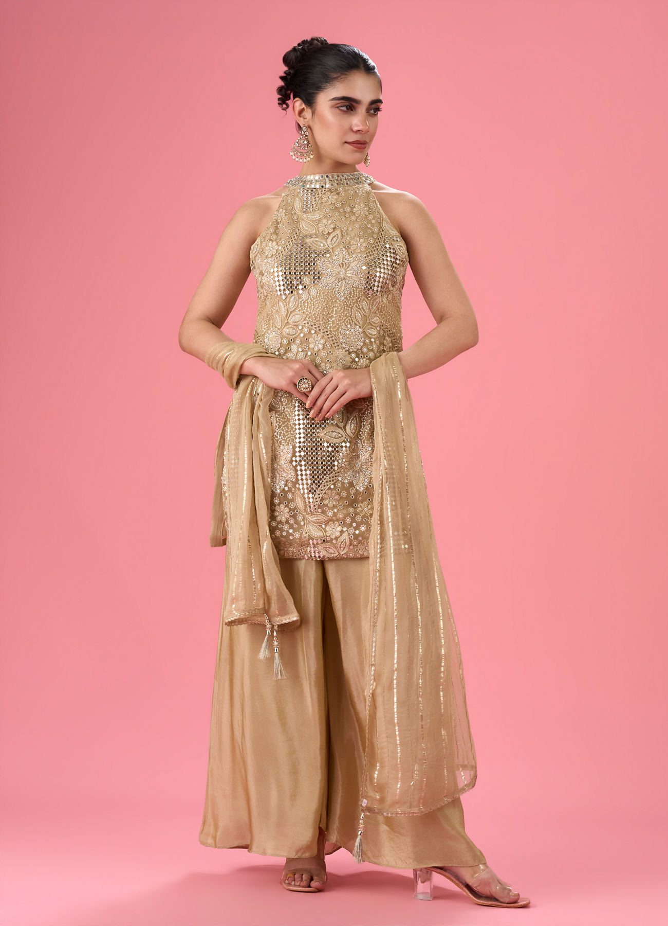 Mohey Women Fawn Elegance Net Palazzo Suit