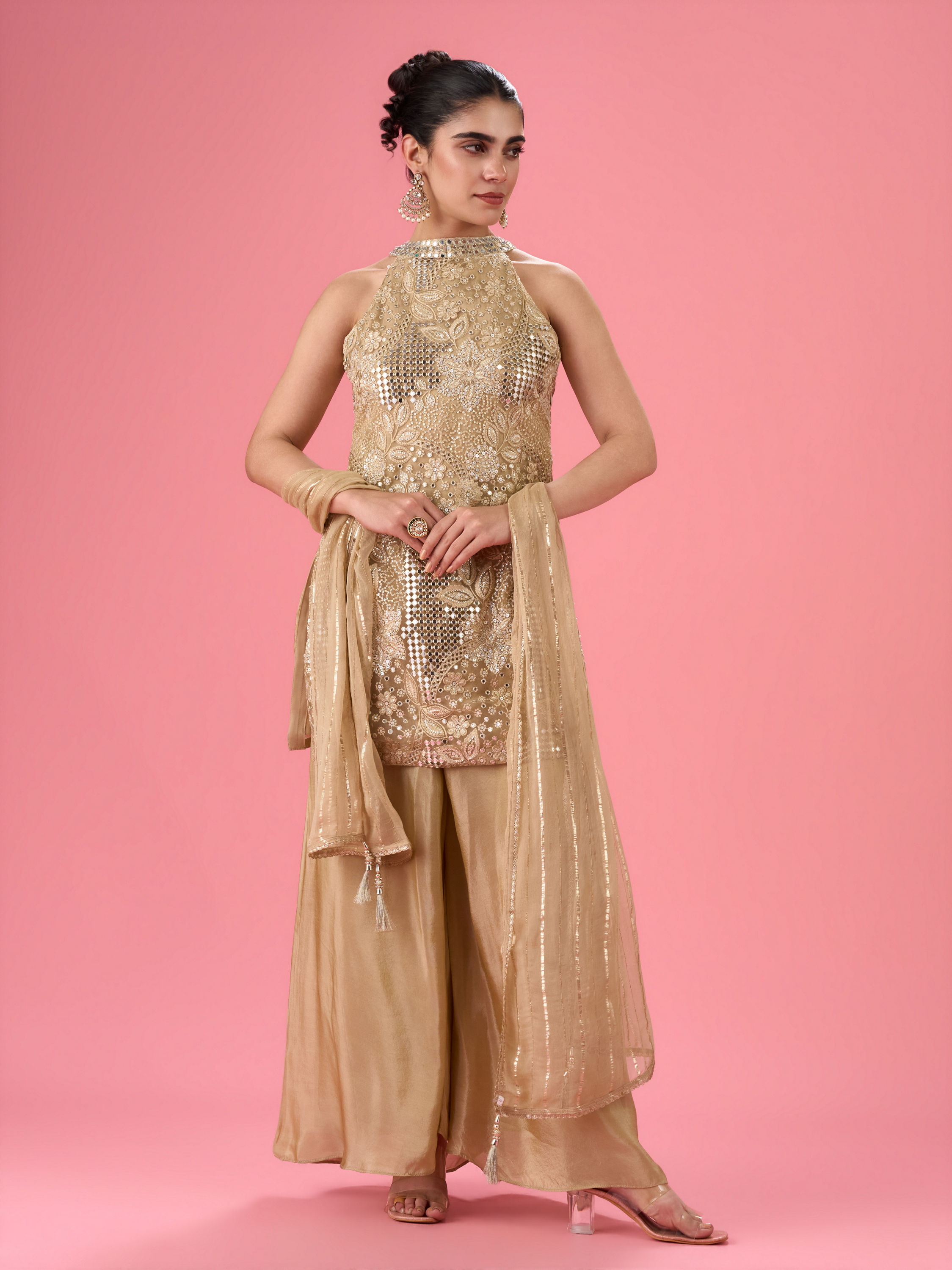 Mohey Women Fawn Elegance Net Palazzo Suit