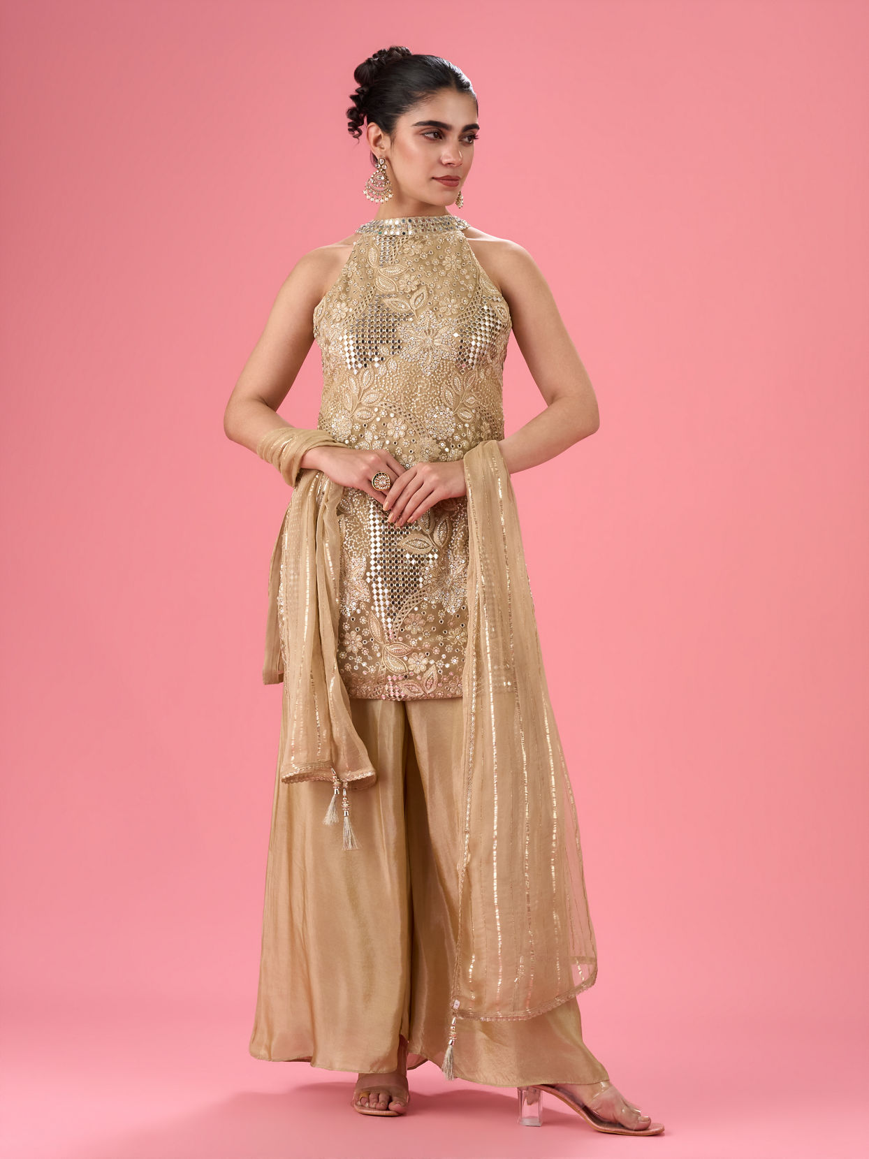 Mohey Women Fawn Elegance Net Palazzo Suit