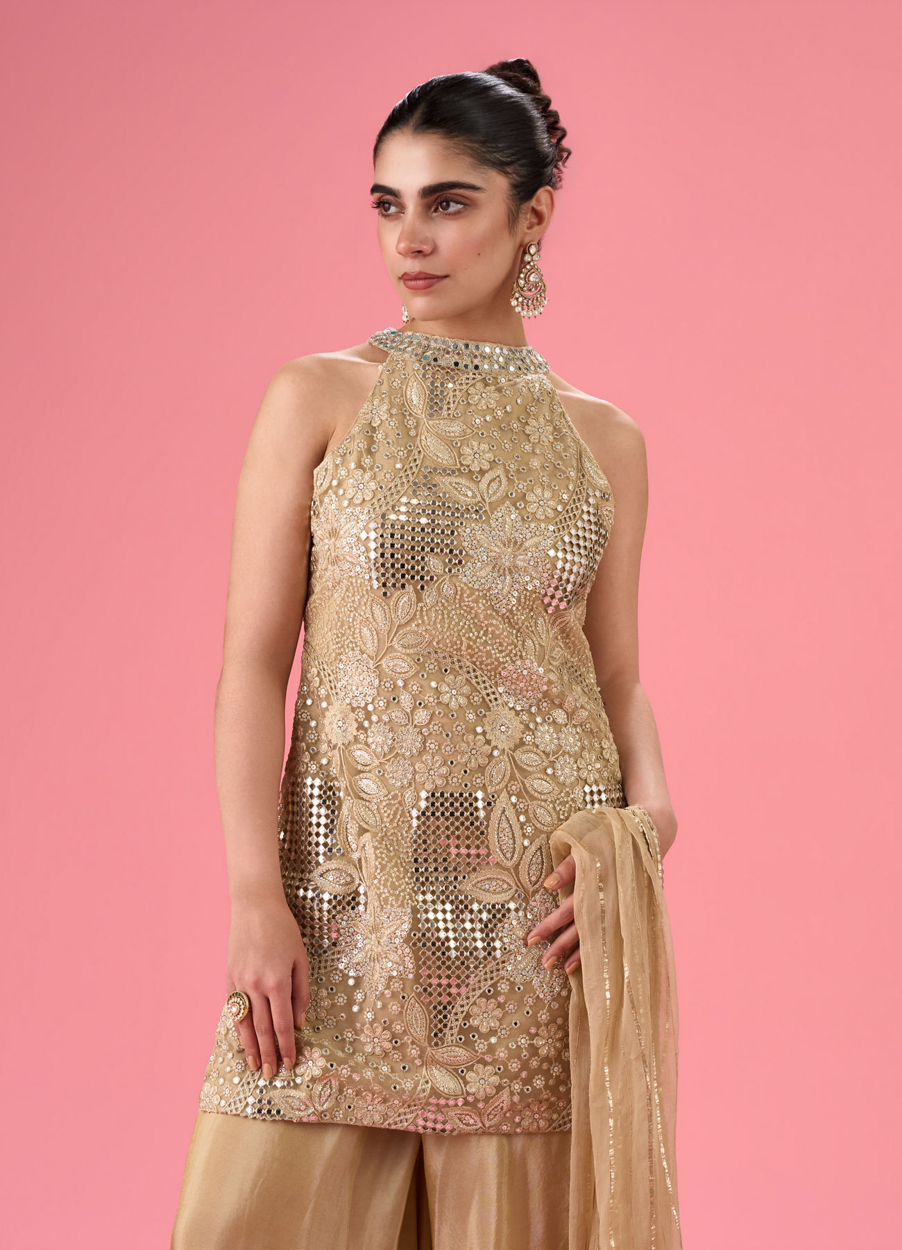 Mohey Women Fawn Elegance Net Palazzo Suit