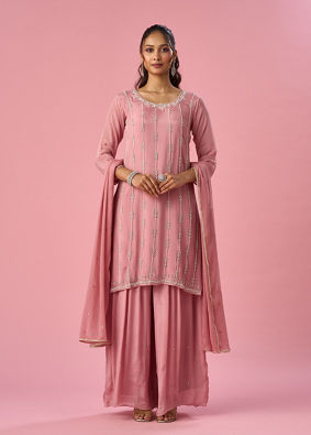 Mohey Women Pink Chinon Palazzo Suit with Hand Embroidery