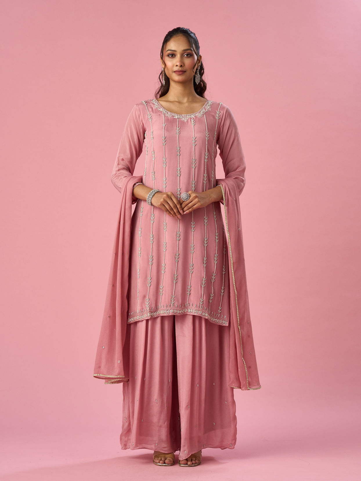 Mohey Women Pink Chinon Palazzo Suit with Hand Embroidery