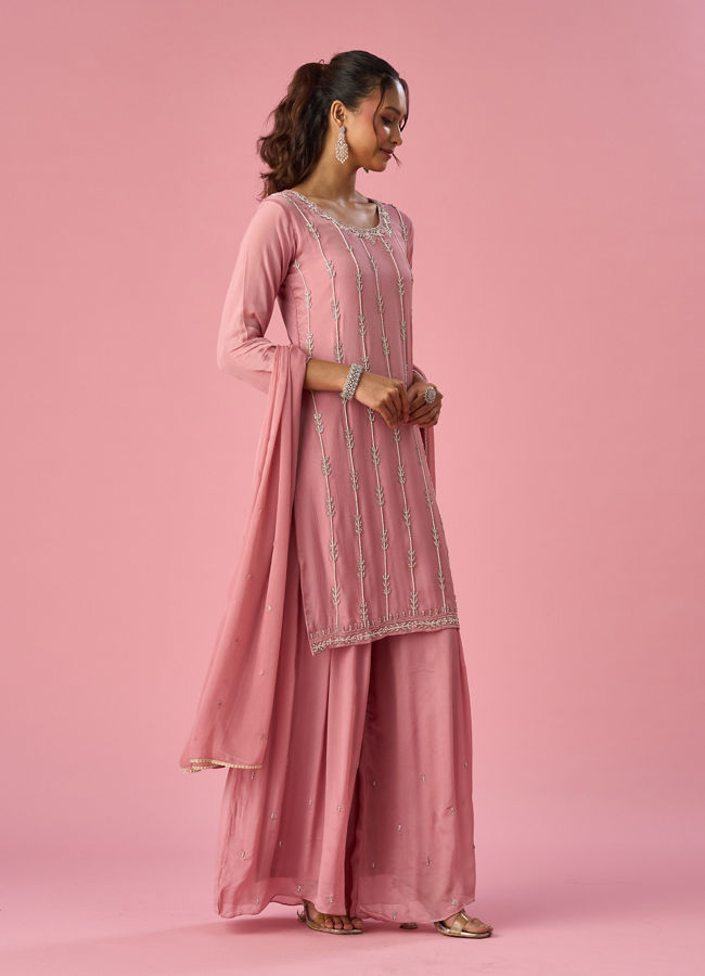 Mohey Women Pink Chinon Palazzo Suit with Hand Embroidery