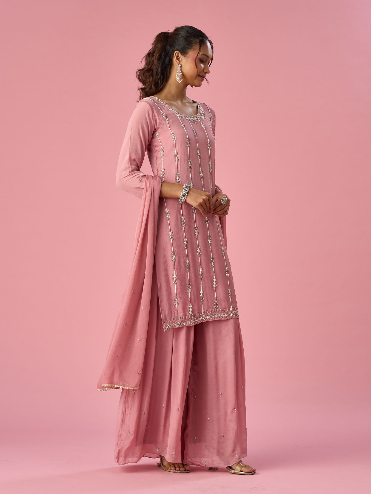 Mohey Women Pink Chinon Palazzo Suit with Hand Embroidery