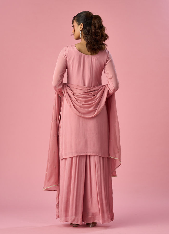 Mohey Women Pink Chinon Palazzo Suit with Hand Embroidery