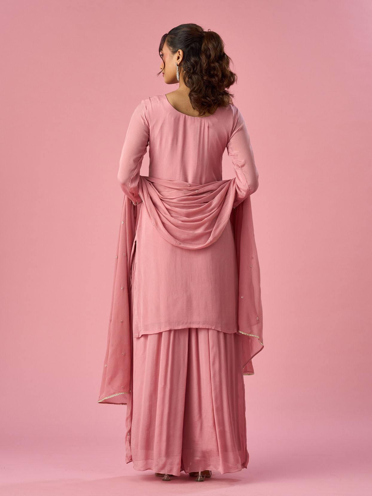 Mohey Women Pink Chinon Palazzo Suit with Hand Embroidery