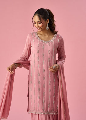 Mohey Women Pink Chinon Palazzo Suit with Hand Embroidery