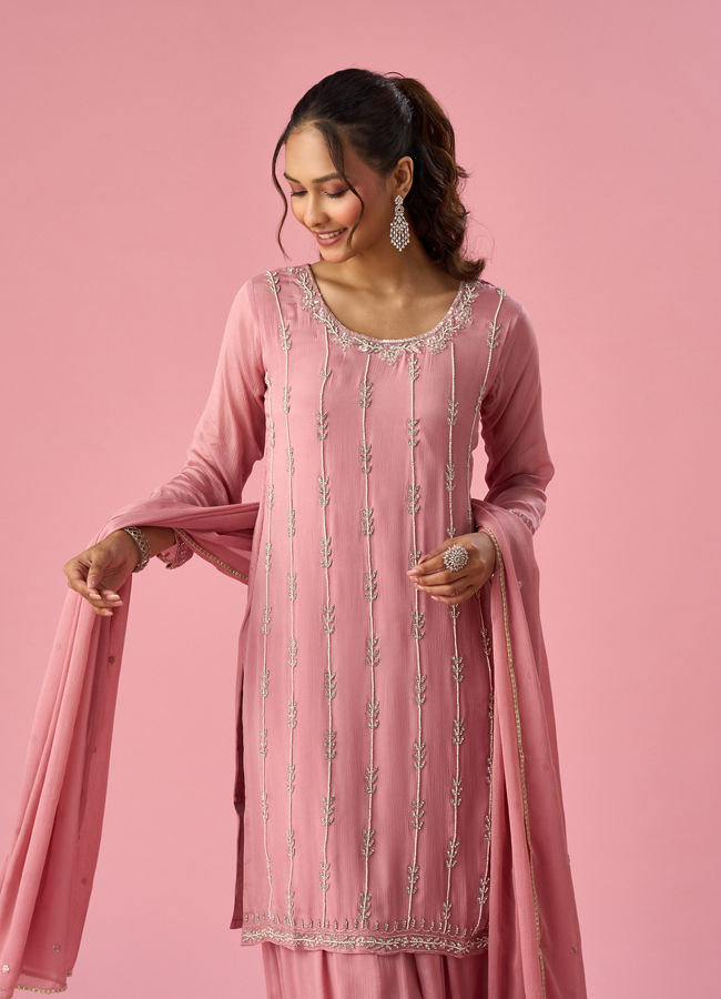 Mohey Women Pink Chinon Palazzo Suit with Hand Embroidery
