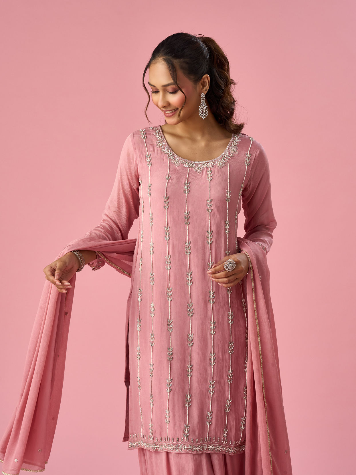 Mohey Women Pink Chinon Palazzo Suit with Hand Embroidery