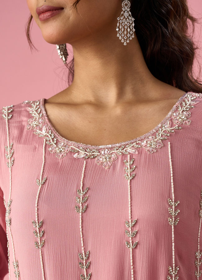 Mohey Women Pink Chinon Palazzo Suit with Hand Embroidery
