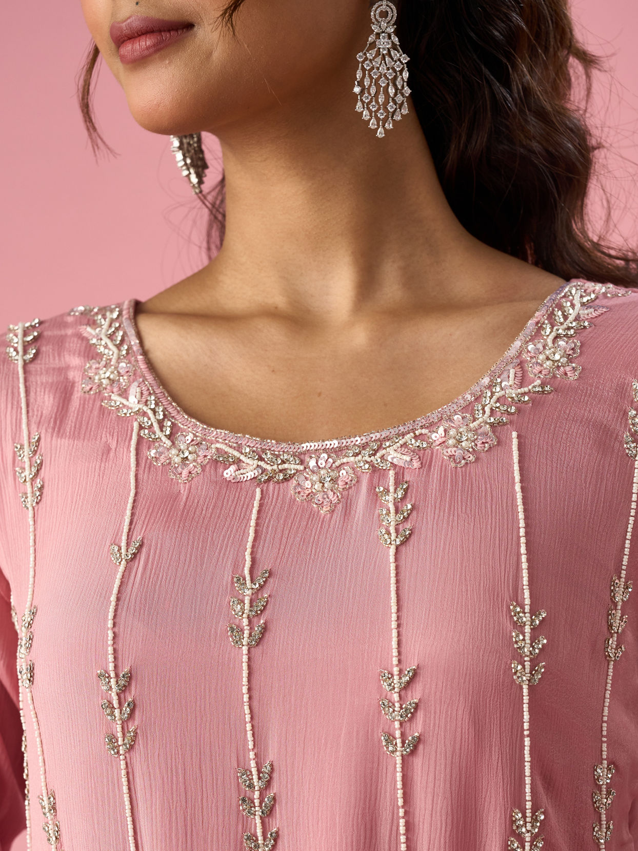 Mohey Women Pink Chinon Palazzo Suit with Hand Embroidery
