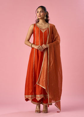 Mohey Women Orange Silk Anarkali Suit with Sequin Work