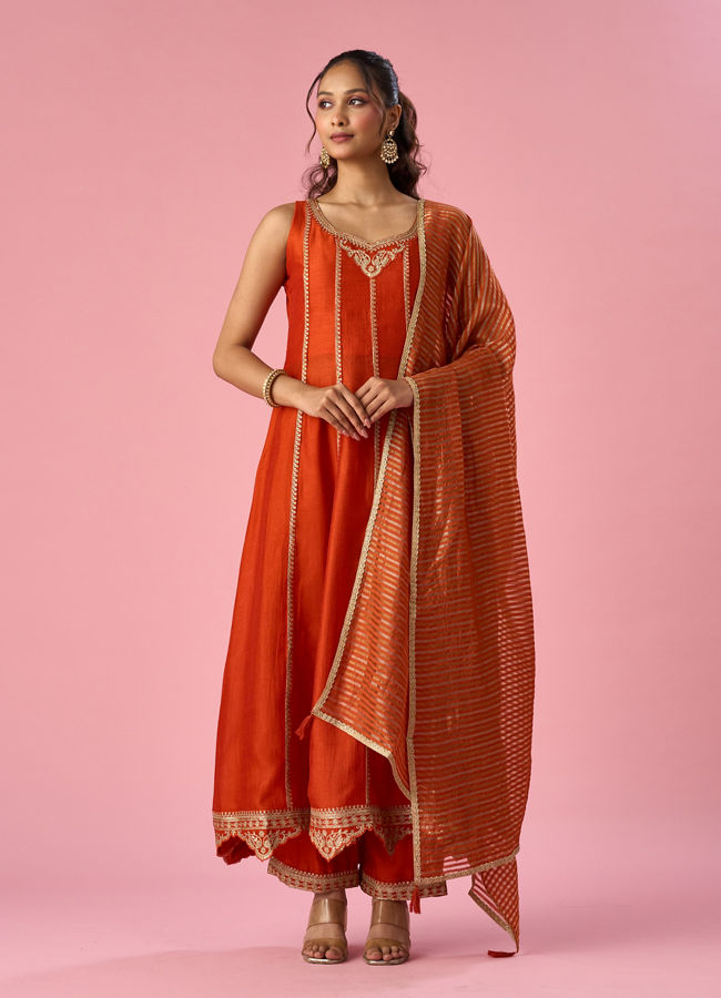 Mohey Women Orange Silk Anarkali Suit with Sequin Work