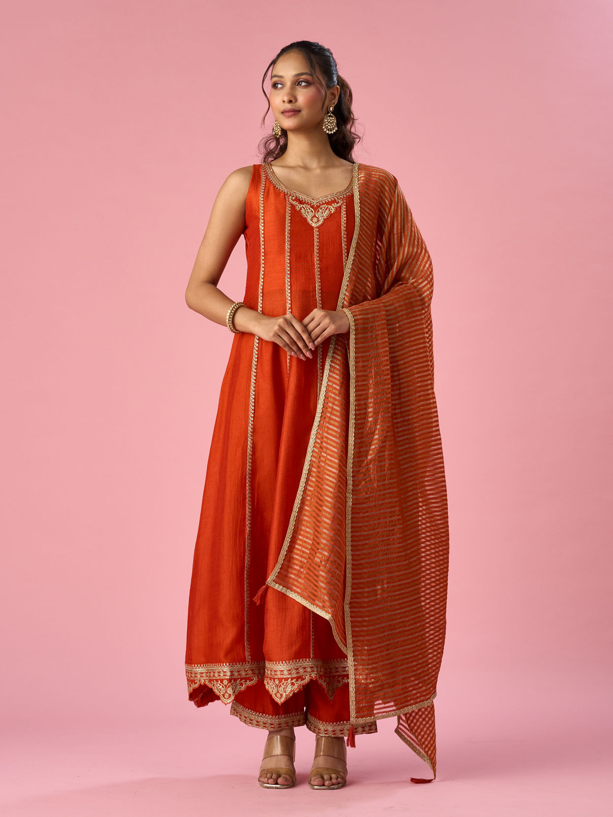 Mohey Women Orange Silk Anarkali Suit with Sequin Work