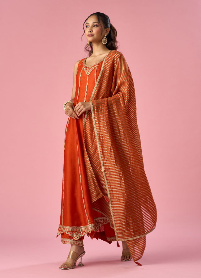 Mohey Women Orange Silk Anarkali Suit with Sequin Work
