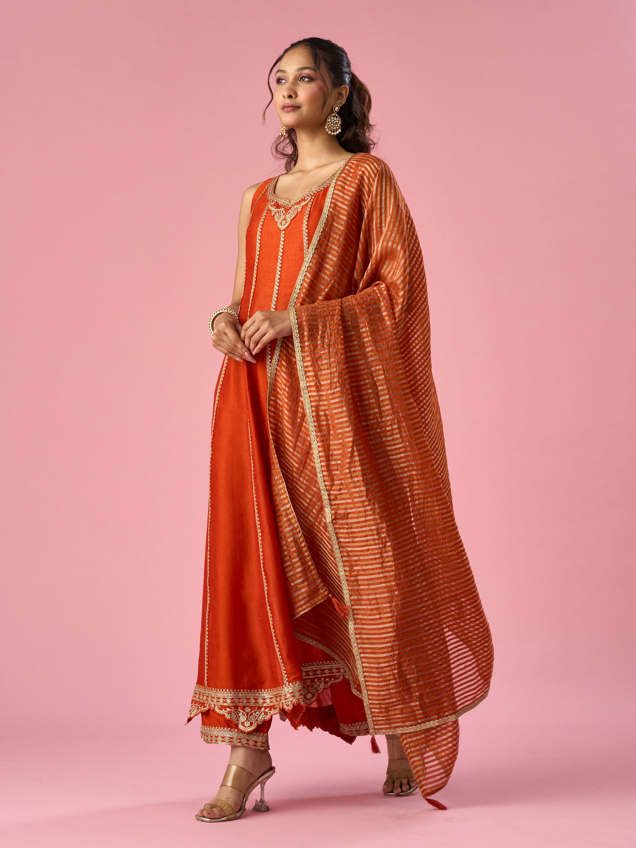 Mohey Women Orange Silk Anarkali Suit with Sequin Work
