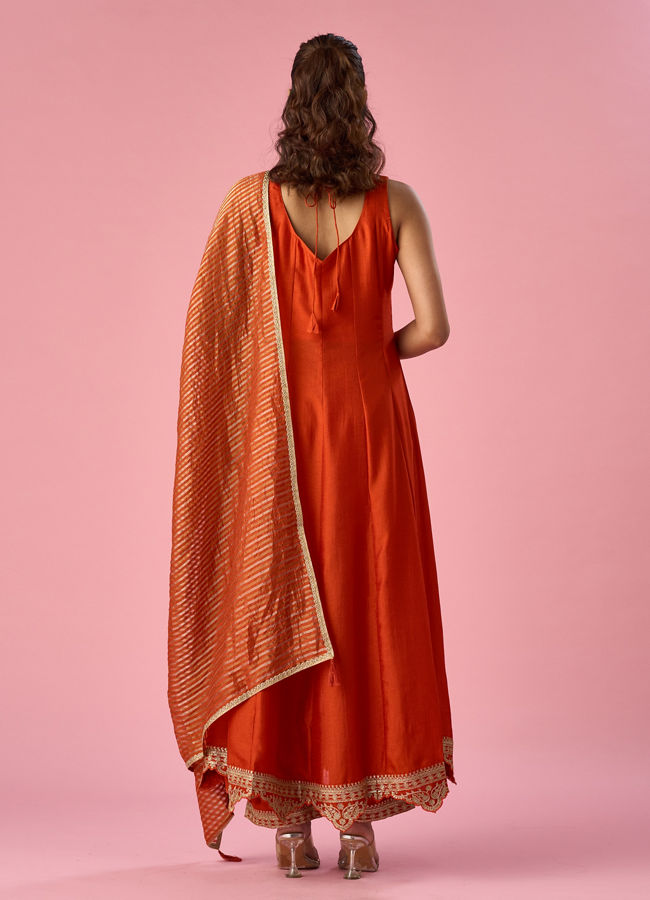 Mohey Women Orange Silk Anarkali Suit with Sequin Work