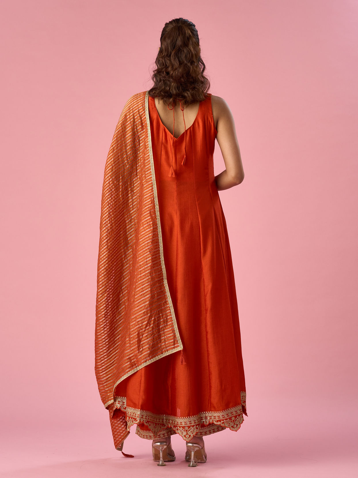 Mohey Women Orange Silk Anarkali Suit with Sequin Work