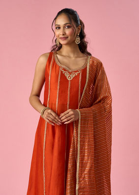 Mohey Women Orange Silk Anarkali Suit with Sequin Work
